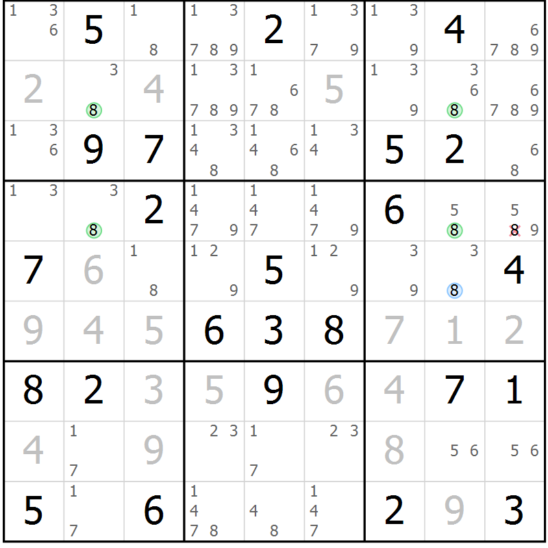 Position des candidats pour la solution de la Gr 79 page 82 du magazine de sudoku Virtuose n° 108