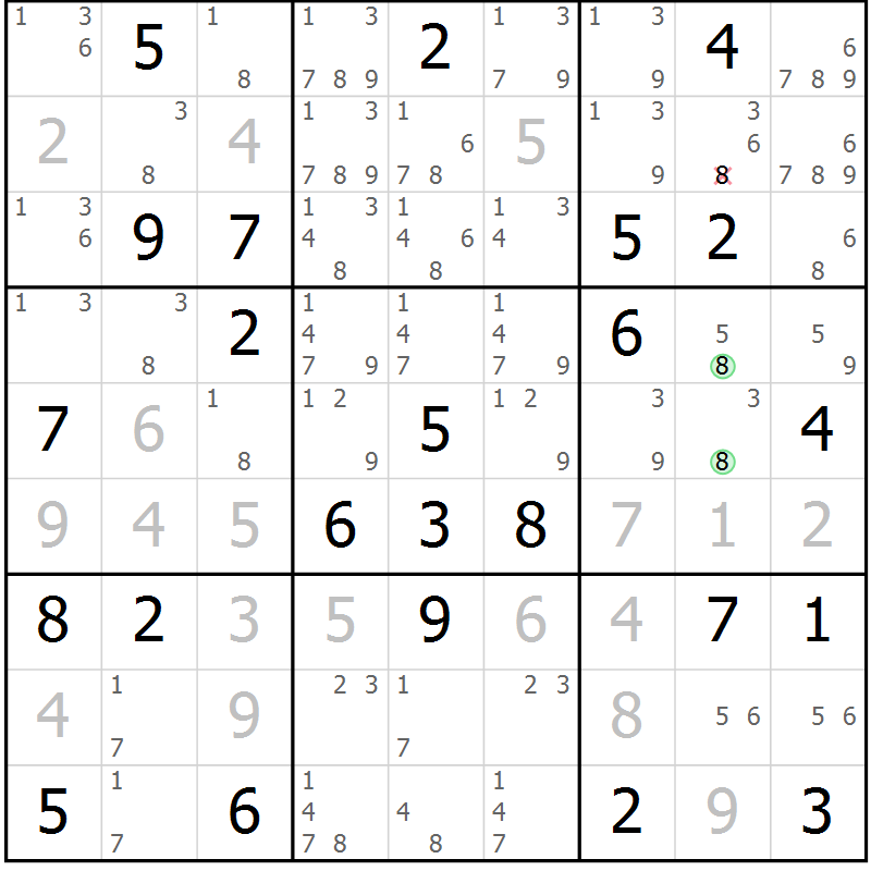 Position des candidats pour la solution de la Gr 79 page 82 du magazine de sudoku Virtuose n° 108