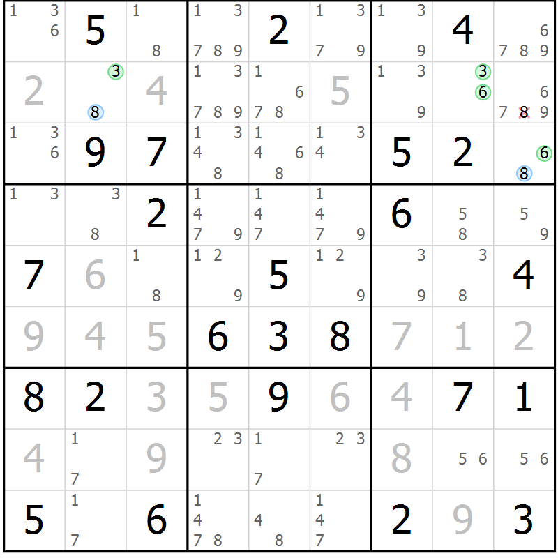 Position des candidats pour la solution de la Gr 79 page 82 du magazine de sudoku Virtuose n° 108