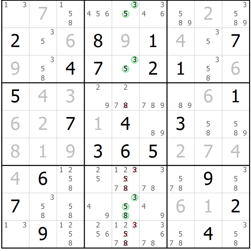 Position des candidats pour la solution de la Gr 8 page 11 du magazine de sudoku Virtuose n° 108