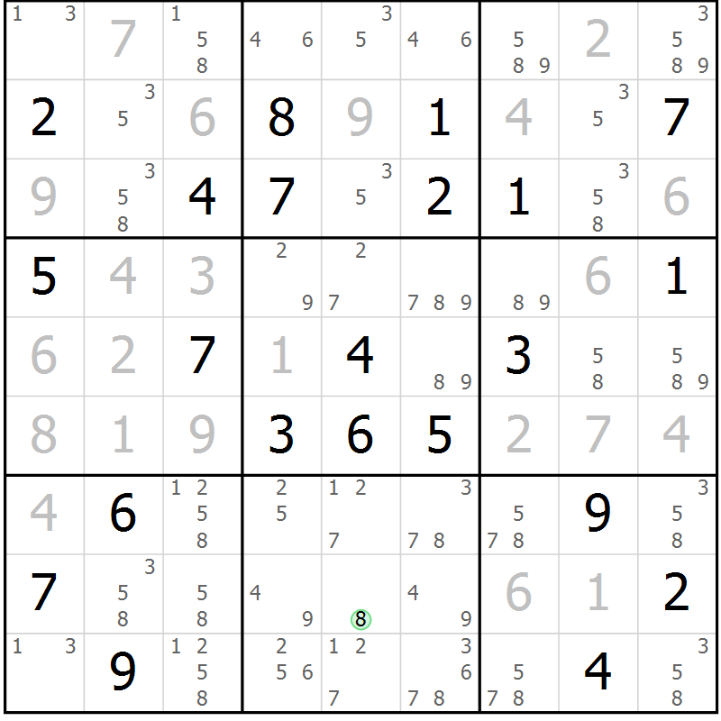 Position des candidats pour la solution de la Gr 8 page 11 du magazine de sudoku Virtuose n° 108