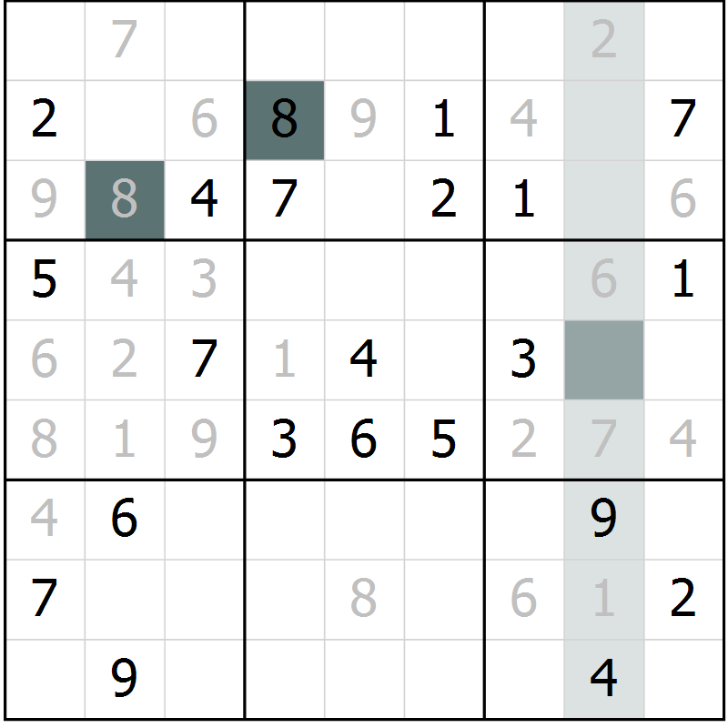Position des candidats pour la solution de la Gr 8 page 11 du magazine de sudoku Virtuose n° 108
