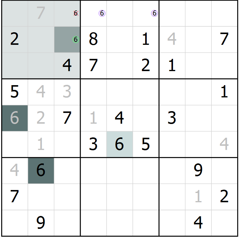 Position des candidats pour la solution de la Gr 8 page 11 du magazine de sudoku Virtuose n° 108