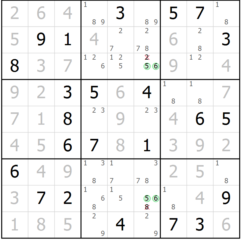 Position des candidats pour la solution de la Gr 81 page 84 du magazine de sudoku Virtuose n° 108