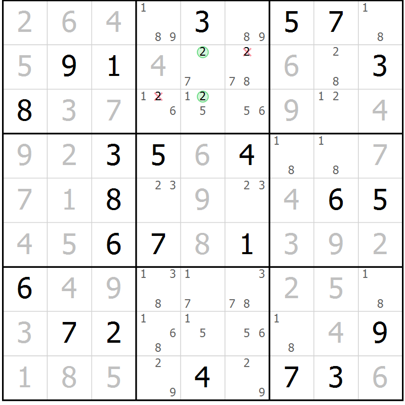 Position des candidats pour la solution de la Gr 81 page 84 du magazine de sudoku Virtuose n° 108