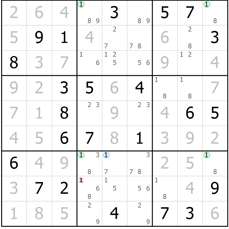 Position des candidats pour la solution de la Gr 81 page 84 du magazine de sudoku Virtuose n° 108