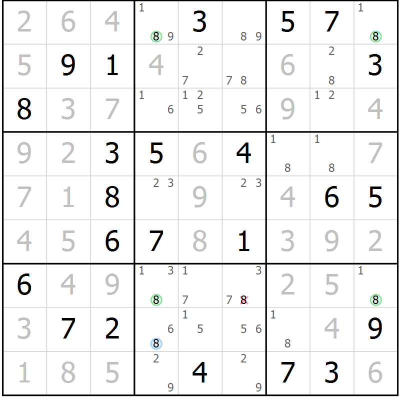 Position des candidats pour la solution de la Gr 81 page 84 du magazine de sudoku Virtuose n° 108