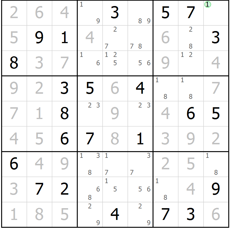 Position des candidats pour la solution de la Gr 81 page 84 du magazine de sudoku Virtuose n° 108