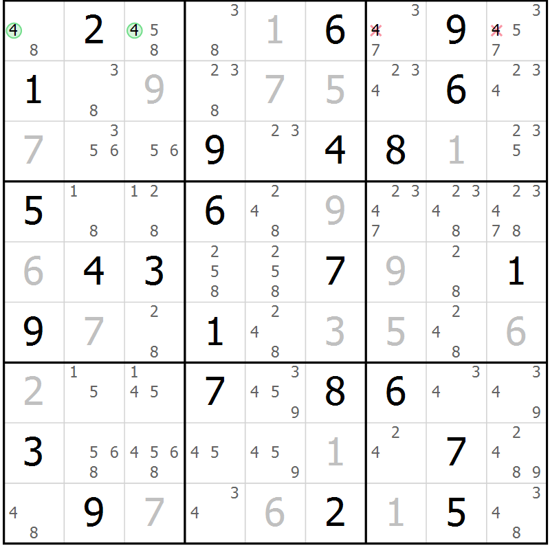 Position des candidats pour la solution de la Gr 82 page 85 du magazine de sudoku Virtuose n° 108