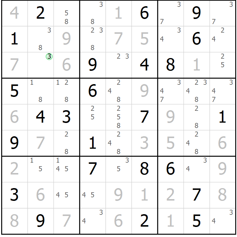 Position des candidats pour la solution de la Gr 82 page 85 du magazine de sudoku Virtuose n° 108