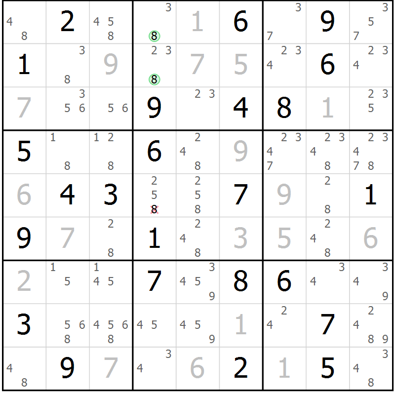 Position des candidats pour la solution de la Gr 82 page 85 du magazine de sudoku Virtuose n° 108