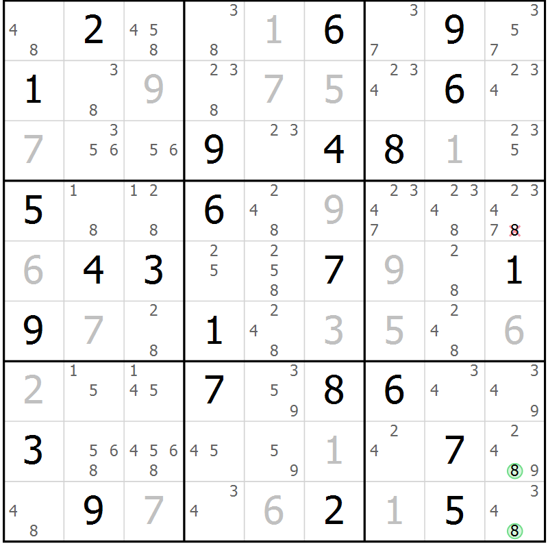 Position des candidats pour la solution de la Gr 82 page 85 du magazine de sudoku Virtuose n° 108