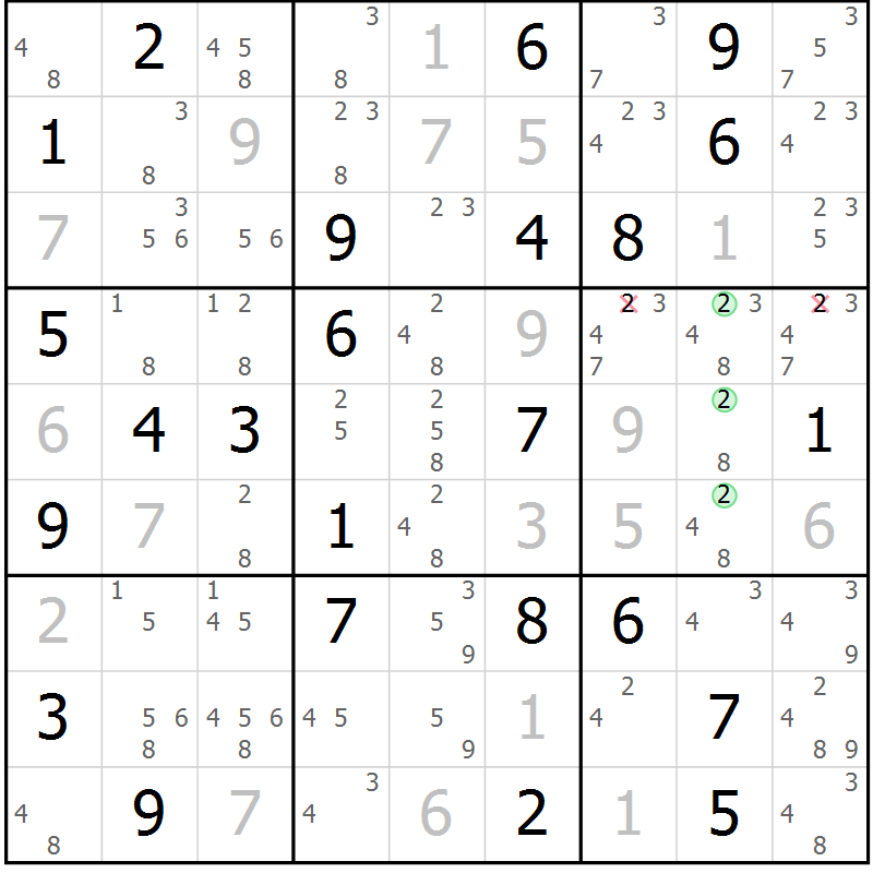 Position des candidats pour la solution de la Gr 82 page 85 du magazine de sudoku Virtuose n° 108