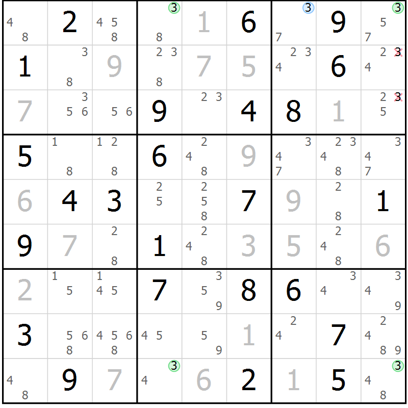 Position des candidats pour la solution de la Gr 82 page 85 du magazine de sudoku Virtuose n° 108