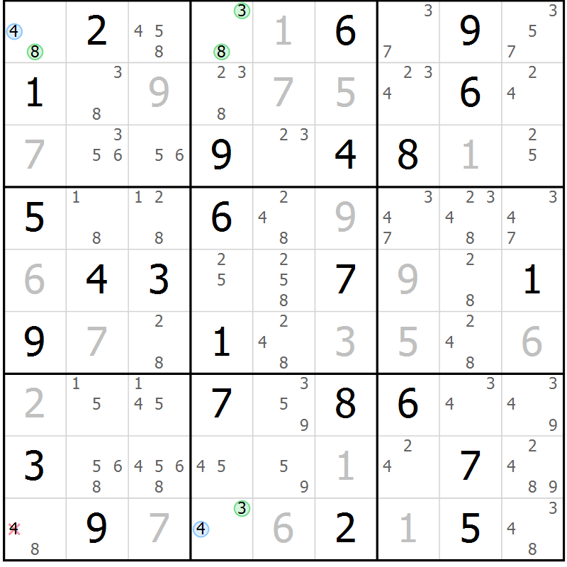 Position des candidats pour la solution de la Gr 82 page 85 du magazine de sudoku Virtuose n° 108