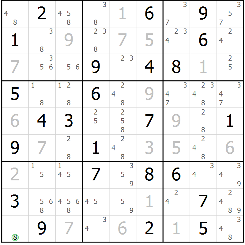 Position des candidats pour la solution de la Gr 82 page 85 du magazine de sudoku Virtuose n° 108