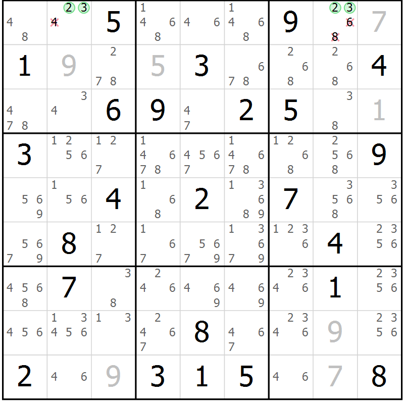 Position des candidats pour la solution de la Gr 84 page 87 du magazine de sudoku Virtuose n° 108