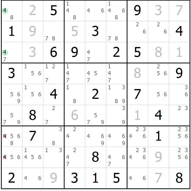 Position des candidats pour la solution de la Gr 84 page 87 du magazine de sudoku Virtuose n° 108