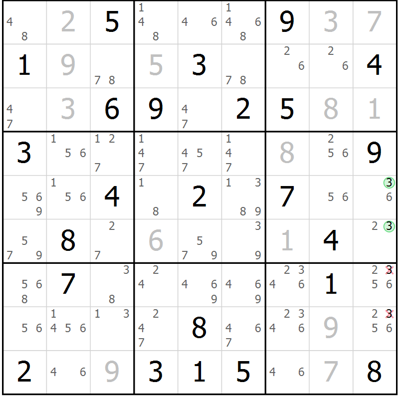 Position des candidats pour la solution de la Gr 84 page 87 du magazine de sudoku Virtuose n° 108
