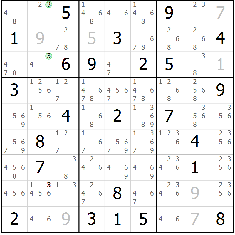 Position des candidats pour la solution de la Gr 84 page 87 du magazine de sudoku Virtuose n° 108