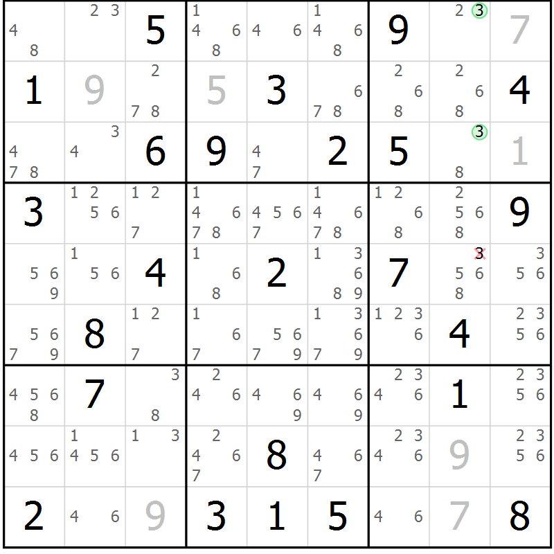 Position des candidats pour la solution de la Gr 84 page 87 du magazine de sudoku Virtuose n° 108