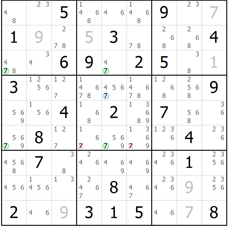 Position des candidats pour la solution de la Gr 84 page 87 du magazine de sudoku Virtuose n° 108