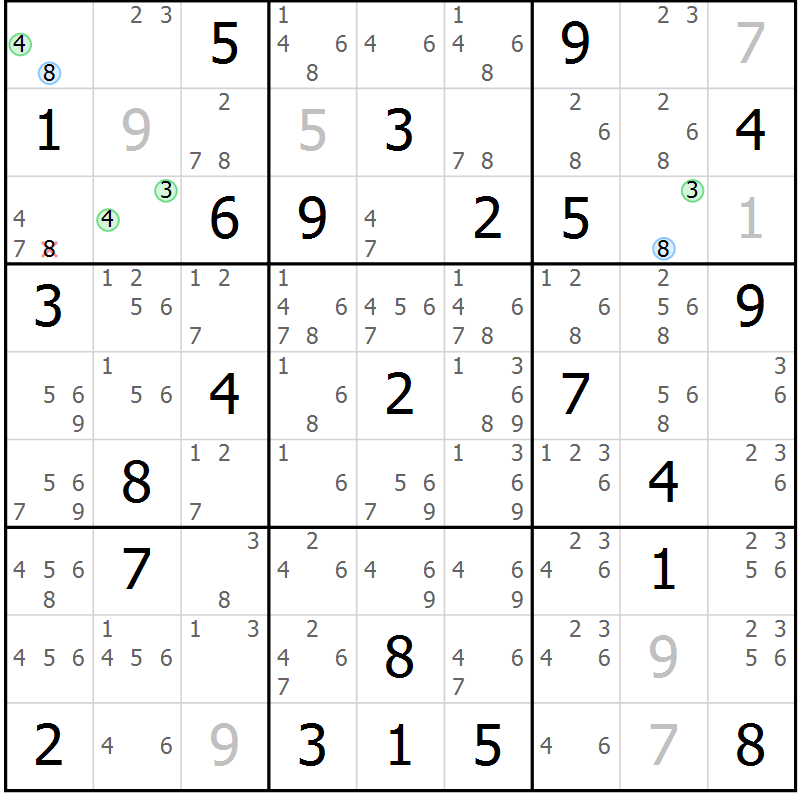 Position des candidats pour la solution de la Gr 84 page 87 du magazine de sudoku Virtuose n° 108
