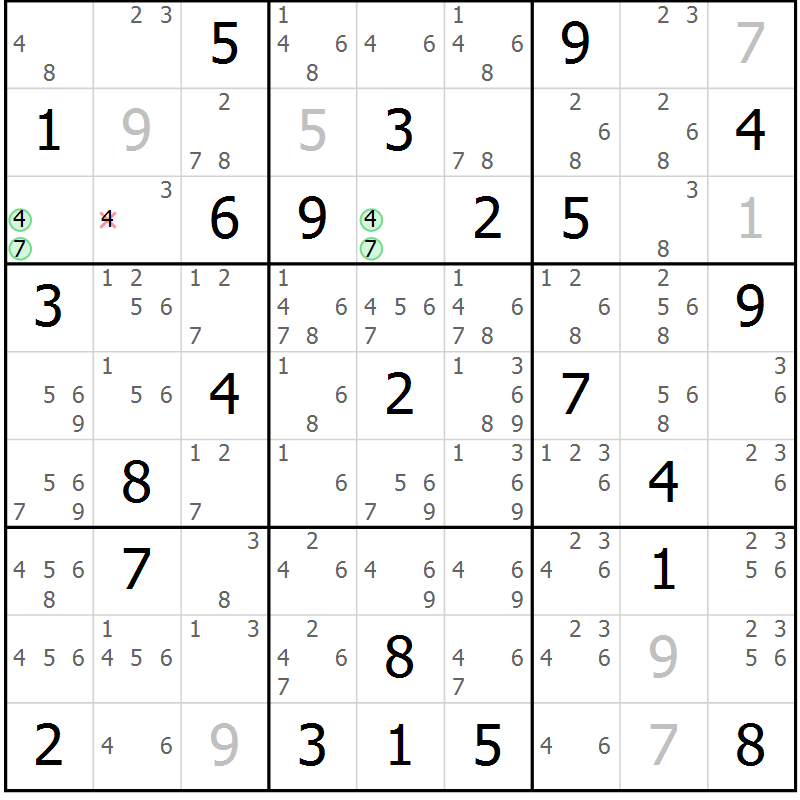 Position des candidats pour la solution de la Gr 84 page 87 du magazine de sudoku Virtuose n° 108