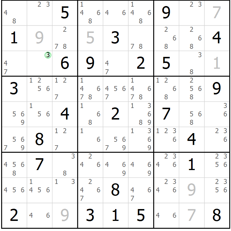 Position des candidats pour la solution de la Gr 84 page 87 du magazine de sudoku Virtuose n° 108