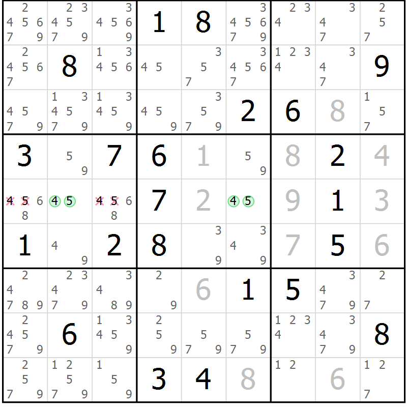 Position des candidats pour la solution de la Gr 9 page 12 du magazine de sudoku Virtuose n° 108