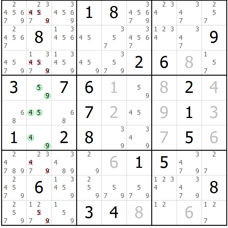 Position des candidats pour la solution de la Gr 9 page 12 du magazine de sudoku Virtuose n° 108