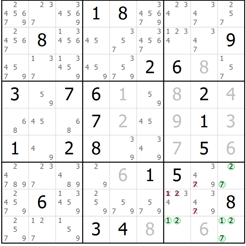 Position des candidats pour la solution de la Gr 9 page 12 du magazine de sudoku Virtuose n° 108