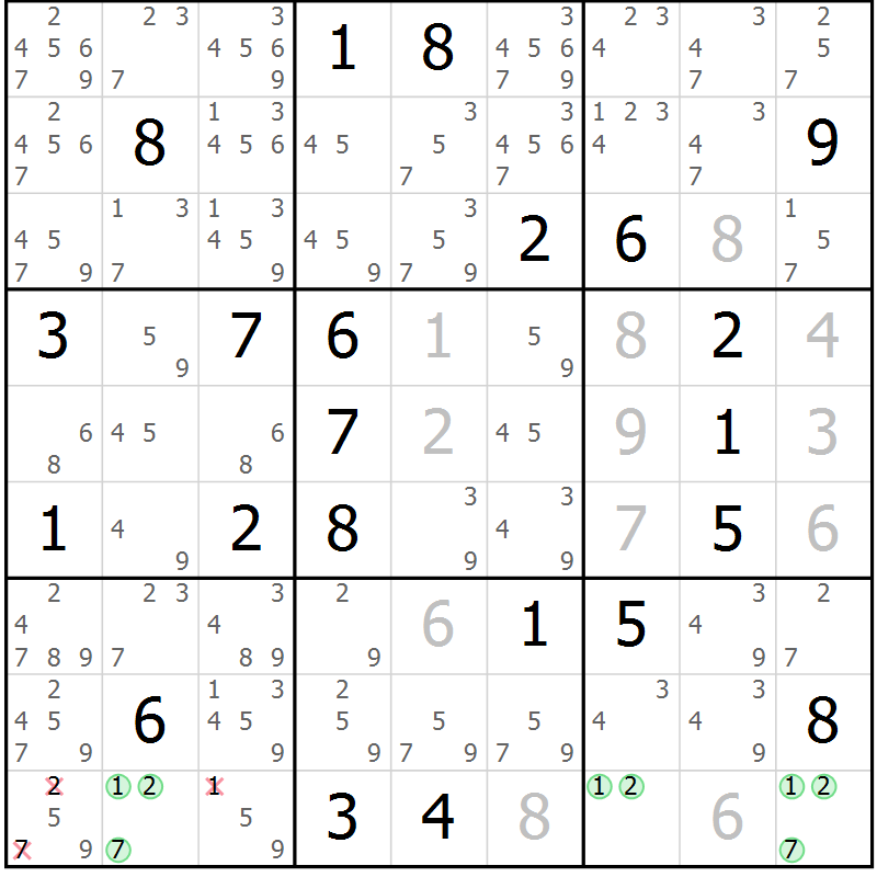 Position des candidats pour la solution de la Gr 9 page 12 du magazine de sudoku Virtuose n° 108