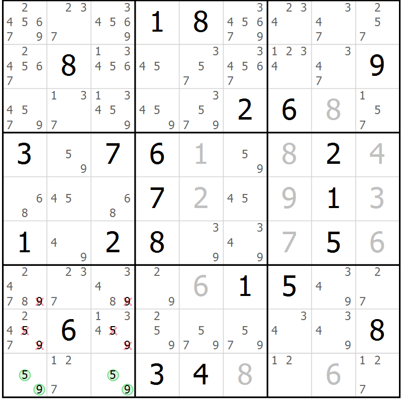 Position des candidats pour la solution de la Gr 9 page 12 du magazine de sudoku Virtuose n° 108