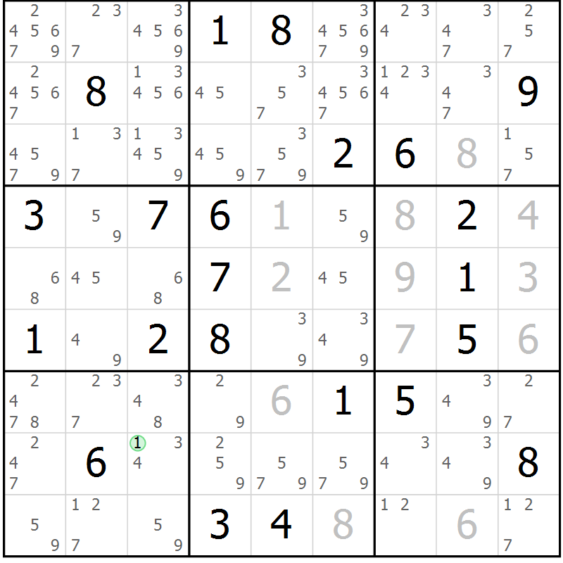 Position des candidats pour la solution de la Gr 9 page 12 du magazine de sudoku Virtuose n° 108