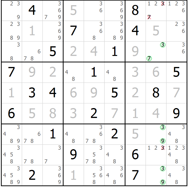 Position des candidats pour la solution de la Gr 1 page 4 du magazine de sudoku Virtuose n° 109