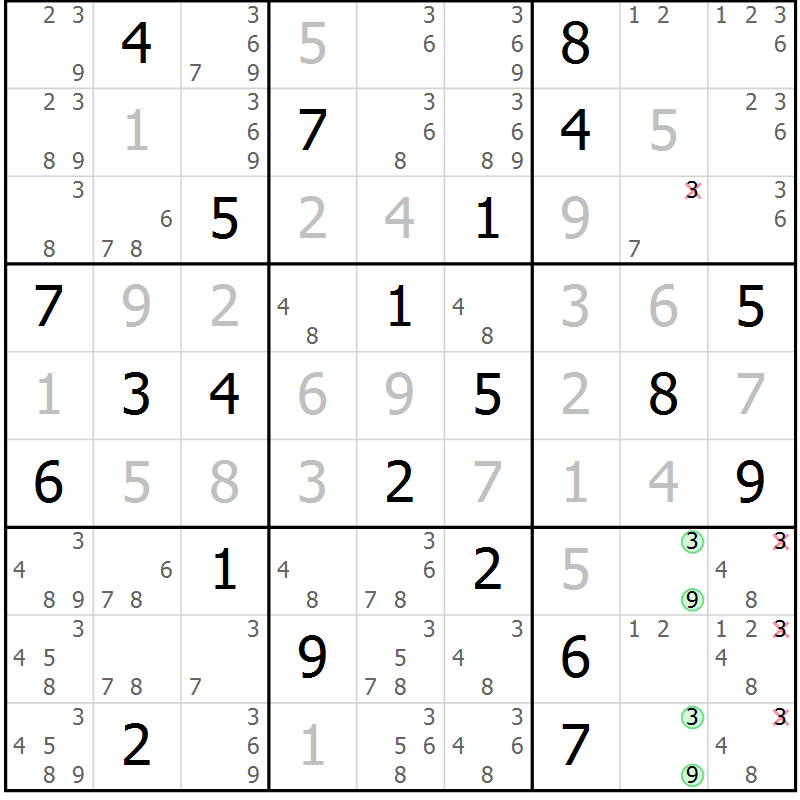 Position des candidats pour la solution de la Gr 1 page 4 du magazine de sudoku Virtuose n° 109