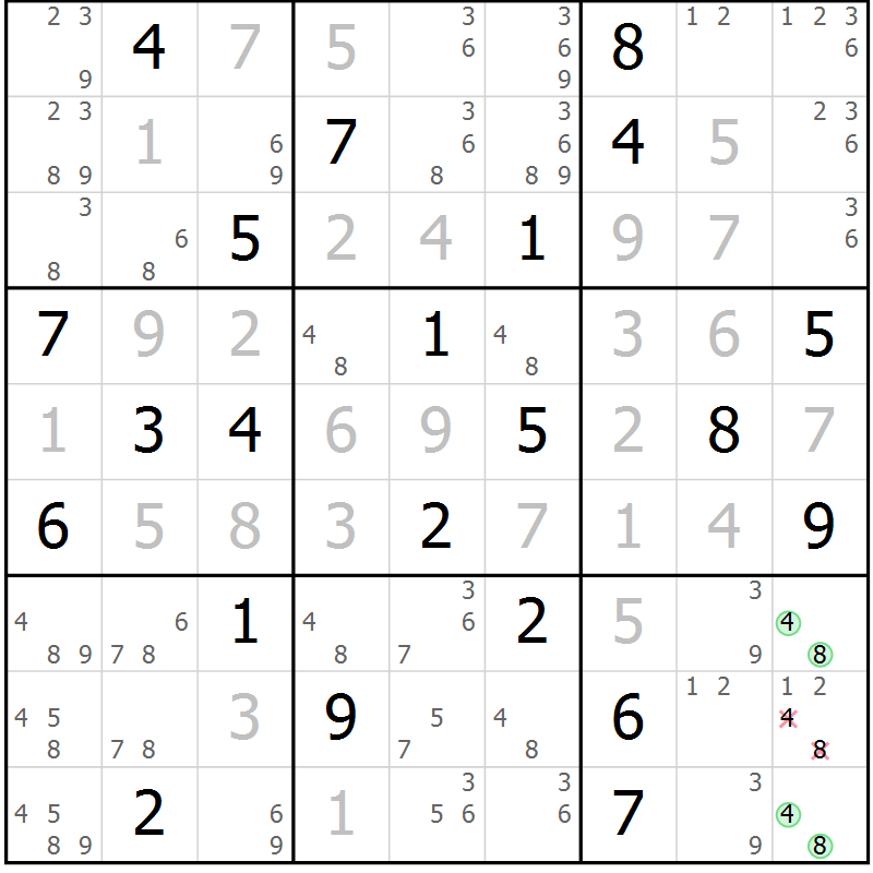 Position des candidats pour la solution de la Gr 1 page 4 du magazine de sudoku Virtuose n° 109