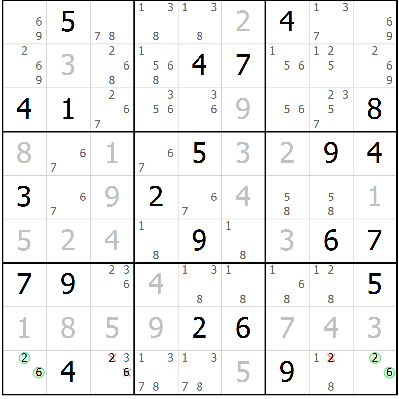 Position des candidats pour la solution de la Gr 10 page 13 du magazine de sudoku Virtuose n° 109