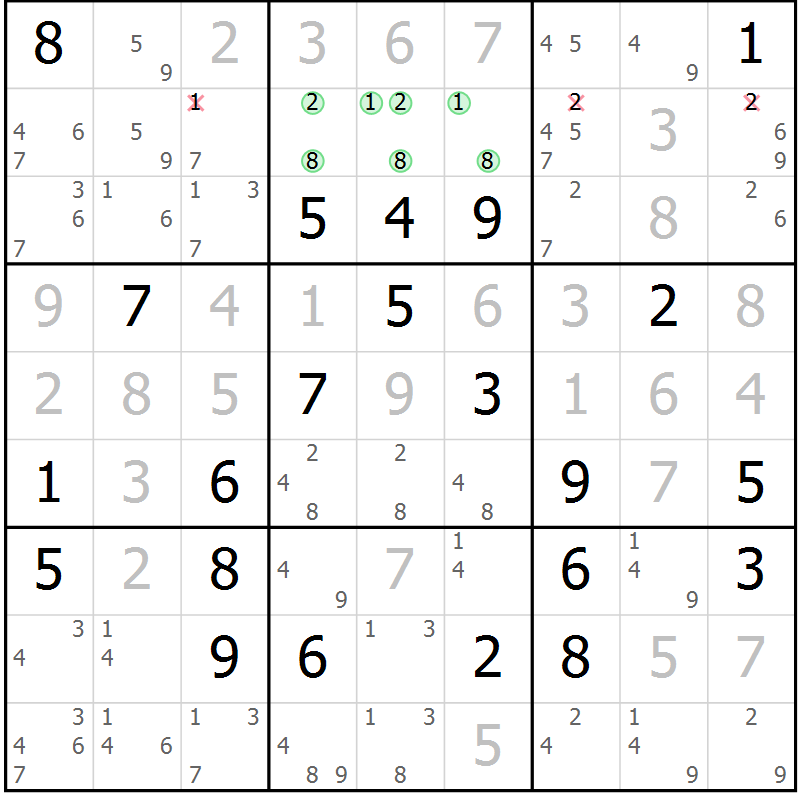 Position des candidats pour la solution de la Gr 11 page 14 du magazine de sudoku Virtuose n° 109