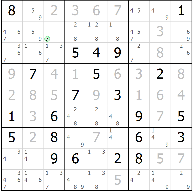 Position des candidats pour la solution de la Gr 11 page 14 du magazine de sudoku Virtuose n° 109