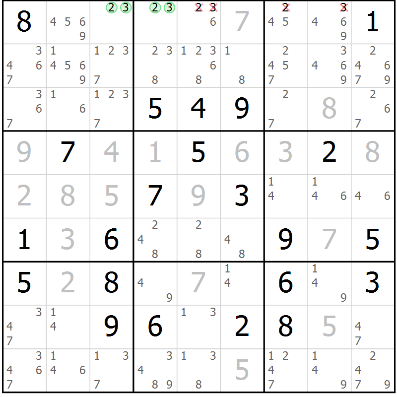 Position des candidats pour la solution de la Gr 11 page 14 du magazine de sudoku Virtuose n° 109