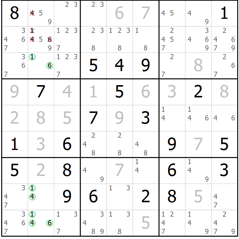 Position des candidats pour la solution de la Gr 11 page 14 du magazine de sudoku Virtuose n° 109