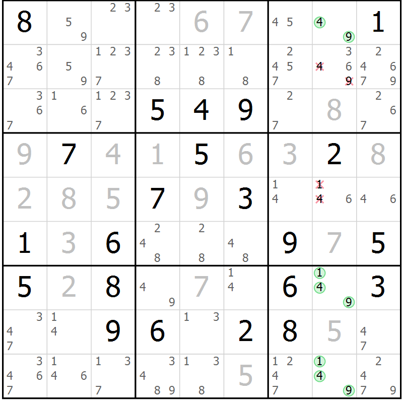 Position des candidats pour la solution de la Gr 11 page 14 du magazine de sudoku Virtuose n° 109