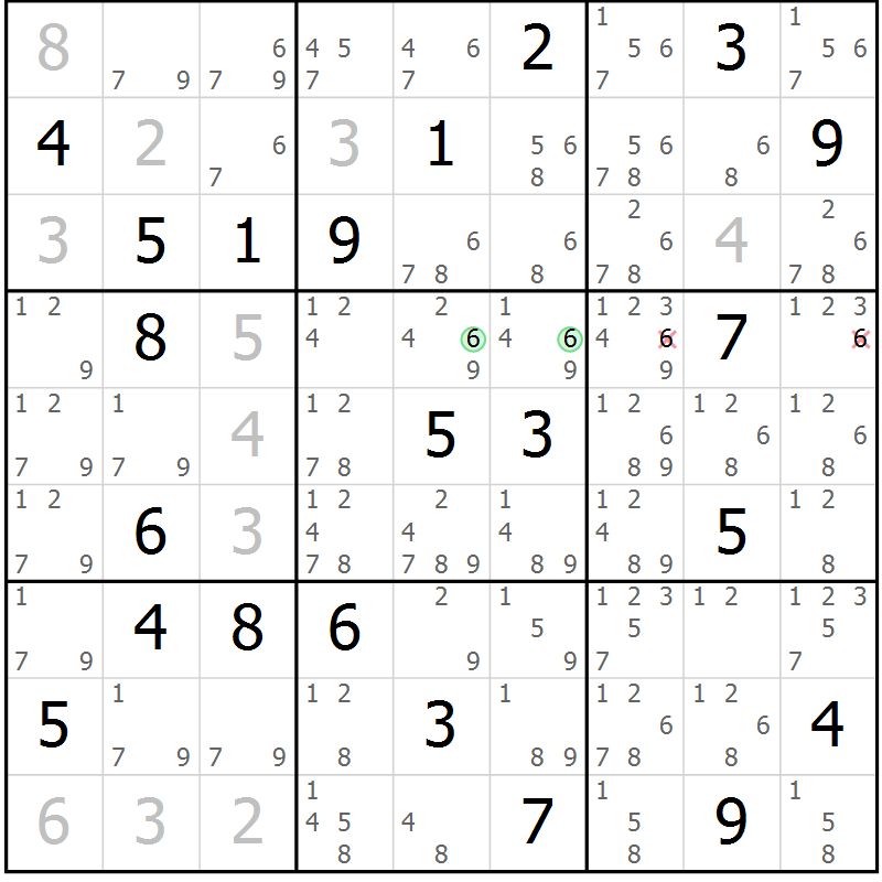 Position des candidats pour la solution de la Gr 13 page 16 du magazine de sudoku Virtuose n° 109