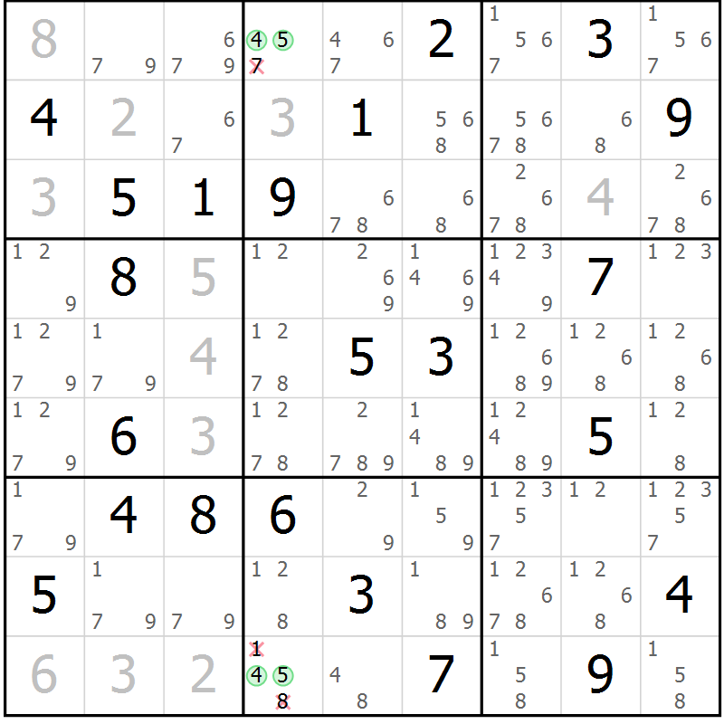 Position des candidats pour la solution de la Gr 13 page 16 du magazine de sudoku Virtuose n° 109