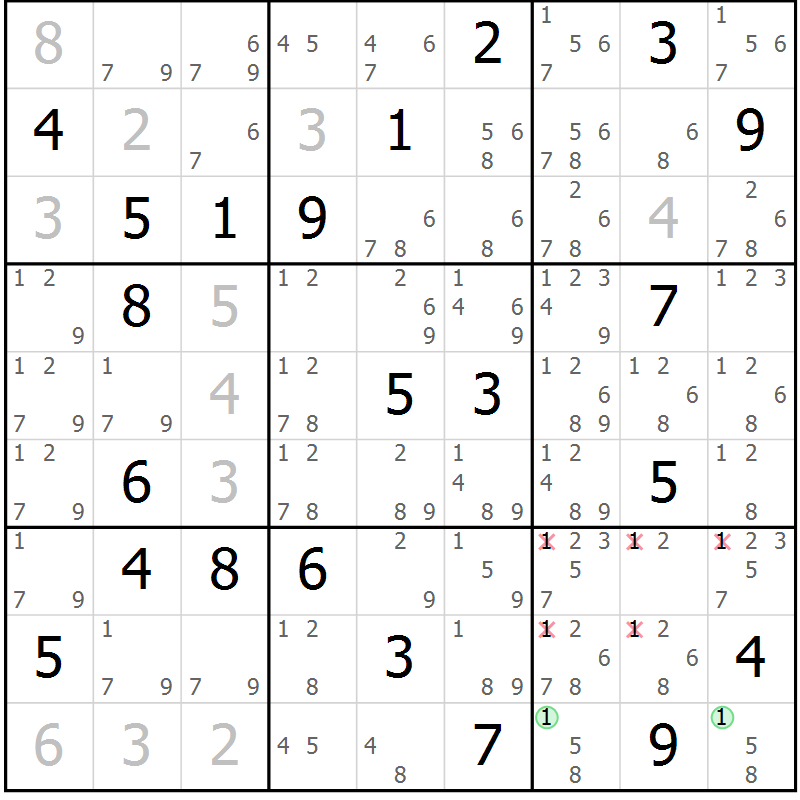 Position des candidats pour la solution de la Gr 13 page 16 du magazine de sudoku Virtuose n° 109