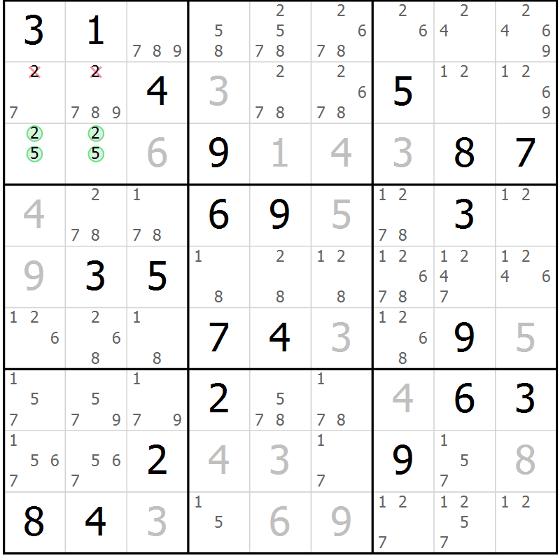 Position des candidats pour la solution de la Gr 15 page 18 du magazine de sudoku Virtuose n° 109