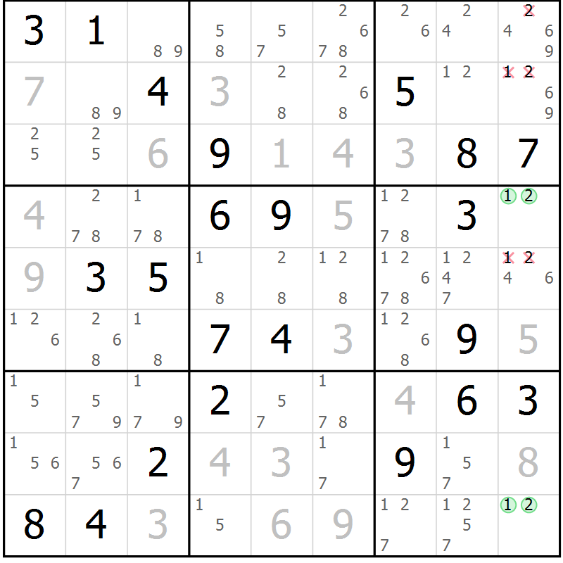 Position des candidats pour la solution de la Gr 15 page 18 du magazine de sudoku Virtuose n° 109