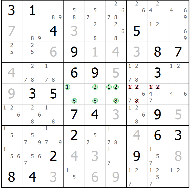 Position des candidats pour la solution de la Gr 15 page 18 du magazine de sudoku Virtuose n° 109